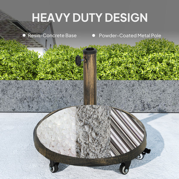 Round Patio Umbrella Base, 46 lbs Resin Umbrella Stand with Wheels, Outdoor Umbrella Stand for 1.3"/1.5"/1.9" Umbrella Poles for Outdoor, Lawn, Poolside, Bronze