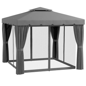 10' x 10' Outdoor Patio Gazebo Double Soft-top Garden Shelter Tent with Beautiful Polyester Curtains, & Mesh Screen Drapes, Light Grey