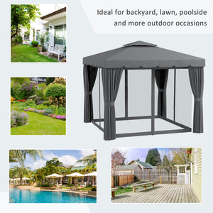 10' x 10' Outdoor Patio Gazebo Double Soft-top Garden Shelter Tent with Beautiful Polyester Curtains, & Mesh Screen Drapes, Light Grey