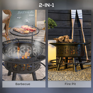 2-in-1 Fire Pit, Charcoal BBQ Grill, 33" Portable Wood Burning Firepit with Adjustable Cooking Grate, Pan and Poker, Camping Bonfire Stove, Black