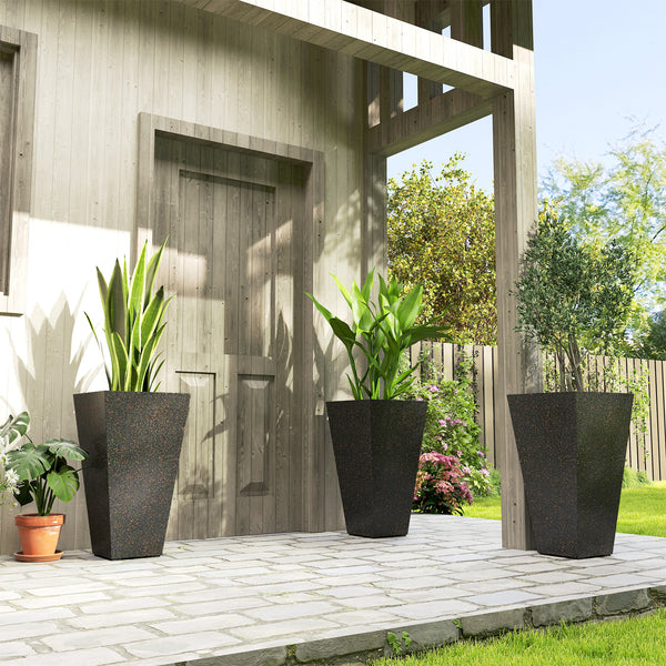 28 Inch Tall Planters for Outdoor Plants, Set of 3 Plastic Flower Pots with Marble Finish and Drainage Holes, Stackable Tapered Large Planters for Indoor Plants, Front Porch Decor, Brown