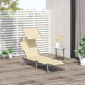 Outdoor Lounge Chair, Adjustable Folding Chaise Lounge, Tanning Chair with Sun Shade for Beach, Camping, Hiking, Backyard, Beige