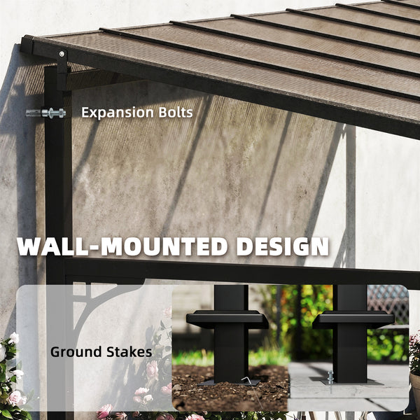 13' x 10' Lean to Gazebo, Hardtop Wall Mounted Outdoor Pergola with Polycarbonate Roof and Metal-Aluminium Frame, Heavy Duty Metal Pergola for Patio Deck Backyard, Brown