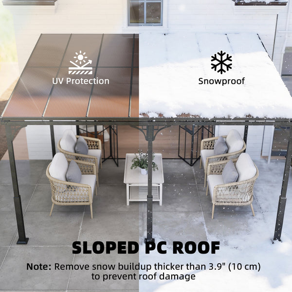 13' x 10' Lean to Gazebo, Hardtop Wall Mounted Outdoor Pergola with Polycarbonate Roof and Metal-Aluminium Frame, Heavy Duty Metal Pergola for Patio Deck Backyard, Brown