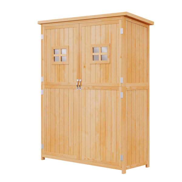 4 x 1.5ft Wooden Garden Shed with Two Windows, Outdoor Tool Storage Cabinet Organizer, Double Door, Nature Wood