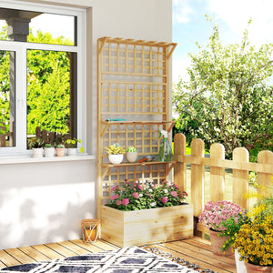 Wooden Raised Garden Bed with Trellis and Roof, Elevated Outdoor Planter Box with 2 Shelves, Drainage Hole and Liner for Climbing Plants Vegetables Flowers, Natural