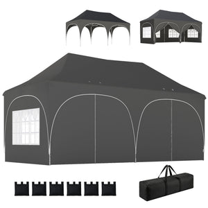 3 x 6m Pop Up Gazebo with Sides, 6 Sandbags, Peak Top Height Adjustable Outdoor Garden Party Tent Marquee Wedding Awning Canopy Instant Event Shelter with Carry Bag, Windows, Dark Grey
