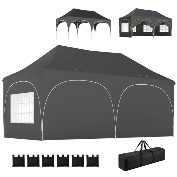 3 x 6m Pop Up Gazebo with Sides, 6 Sandbags, Peak Top Height Adjustable Outdoor Garden Party Tent Marquee Wedding Awning Canopy Instant Event Shelter with Carry Bag, Windows, Dark Grey