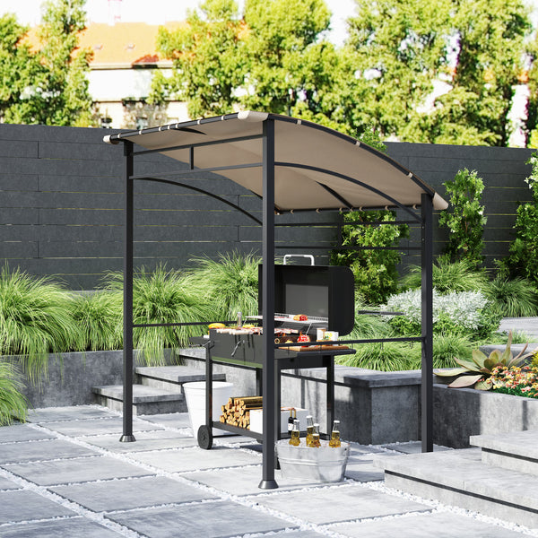 2.2 x 1.5 m BBQ Grill Gazebo Tent, Garden Grill with Metal Frame, Curved Canopy and 10 Hooks, Outdoor Sun Shade, Khaki