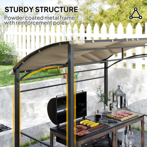 2.2 x 1.5 m BBQ Grill Gazebo Tent, Garden Grill with Metal Frame, Curved Canopy and 10 Hooks, Outdoor Sun Shade, Khaki