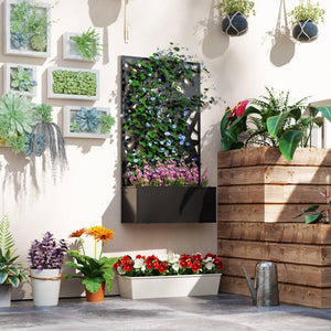 Metal Raised Garden Bed with Trellis for Climbing Plants, Freestanding or Wall Mounted Flower Bed with Privacy Panel, Irregular Line Cut-Outs Outdoor Planter Box for Garden, Patio, Balcony