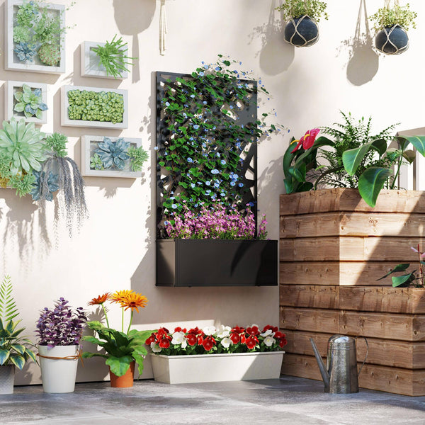 Metal Raised Garden Bed with Trellis for Climbing Plants, Freestanding or Wall Mounted Flower Bed with Privacy Panel, Irregular Line Cut-Outs Outdoor Planter Box for Garden, Patio, Balcony