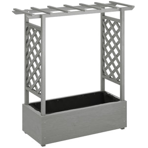 Raised Garden Bed with Trellis, Wood Planter Box with Hanging Roof and Drainage Holes, Elevated Planter Box with Bed Liner for Climbing Plants, Vegetables, Flowers, Grey