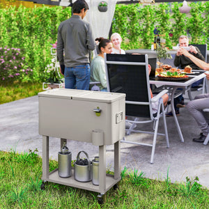 60 Quart Rolling Patio Cooler Cart, Portable Outdoor Cooler with Locking Wheels, Storage Shelf, Steel Bottle Opener, Ice Chest for Patio Backyard Party BBQ, Silver