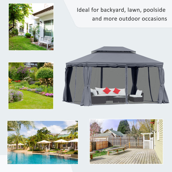 3 x 4m Aluminium Garden Gazebo, Marquee Canopy Shelter Pavilion Party Tent with Nets and Curtains for Garden and Deck, Dark Grey