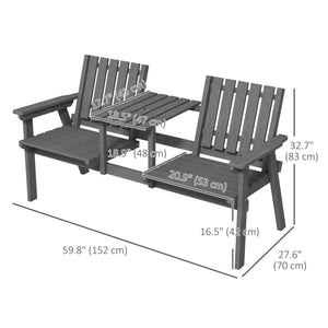 2-Seater Outdoor Wooden Bench with Middle Table and Umbrella Hole, Garden Bench for 2 Persons, Patio Loveseat with Slatted Seat and Back, Grey