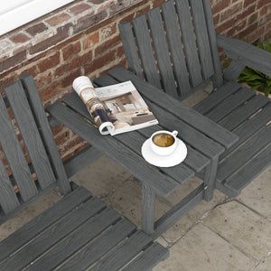 2-Seater Outdoor Wooden Bench with Middle Table and Umbrella Hole, Garden Bench for 2 Persons, Patio Loveseat with Slatted Seat and Back, Grey
