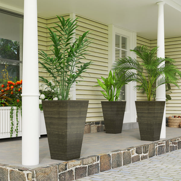 Tall Planter for Outdoor Plants Set of 3, 28 Inch Taper Planter with Drainage Holes, Wood Grain Decor Garden Pot for Indoor Outdoor Porch Patio Backyard, Dark Brown
