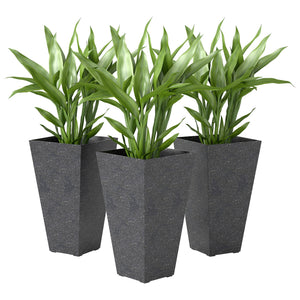 28 Inch Tall Planters for Outdoor Plants, Set of 3 Plastic Flower Pots with Marble Finish and Drainage Holes, Stackable Tapered Large Planters for Indoor Plants, Front Porch Decor, Black