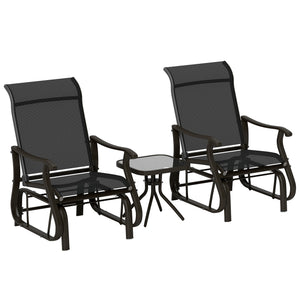 3PCs Glider Rocking Chairs with Table, Outdoor Gliders with Steel Frame, Mesh Seat, Tempered Glass Table Top for Patio, Garden, Backyard, Deck, Porch, Black
