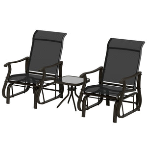 3PCs Glider Rocking Chairs with Table, Outdoor Gliders with Steel Frame, Mesh Seat, Tempered Glass Table Top for Patio, Garden, Backyard, Deck, Porch, Black