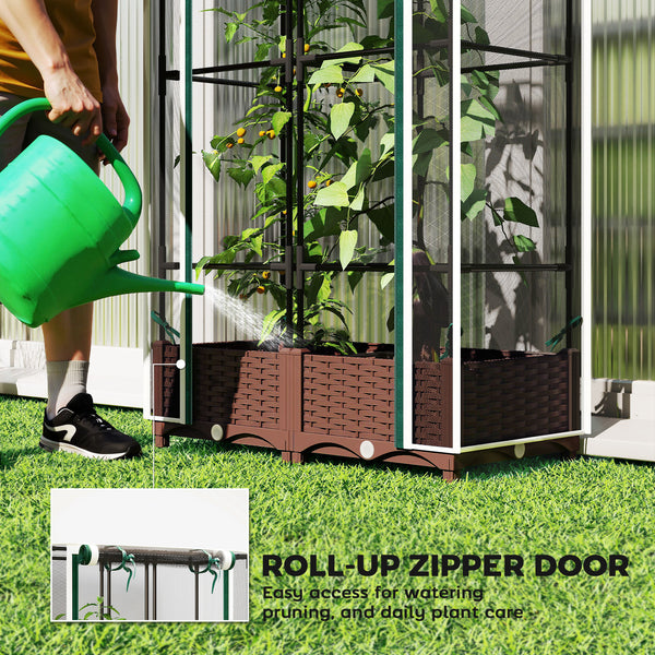 Raised Garden Bed with Trellis, 46.5" Tomato Cage with Crop Cage, Self Watering Planter Box with Drainage Holes and Plugs for Outdoor Patio Climbing Plants, Vines, Vegetables, Flowers, White