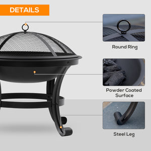21.7" x 21.7" x 19.7" Outdoor Fire Pit with Mesh Lid, Wood Burner, Log Burning Bowl with Poker for Patio, Backyard, Black