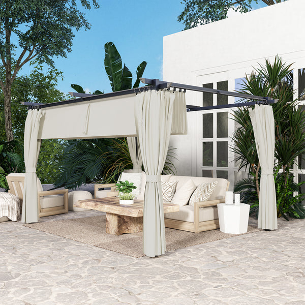 10' x 13' Retractable Pergola Canopy with Curtains, Outdoor Gazebo UPF30+ Sun Shade Shelter for Grill, Garden, Patio, Backyard, Deck, Cream White