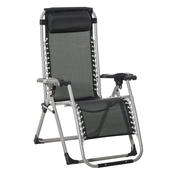 Reclining Zero Gravity Chair with Adjustable Backrest, Folding Garden Sun Lounger with Removable Cushion and Headrest, Dark Grey