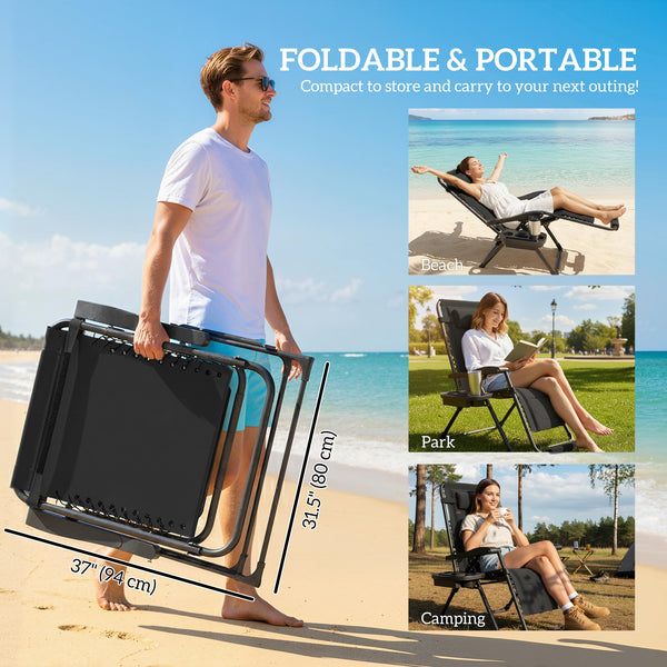 Zero Gravity Lounger Chair, Padded Folding Reclining Patio Chair with Cup Holder, Detachable Headrest, Extra Wide Seat, 400 LBS Capacity for Pool, Camping, Black