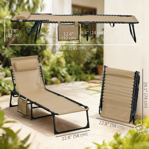Folding Lounge Chair, Reclining Tanning Chair, Portable Sun Lounger with Adjustable Backrest and Removable Pillow for Patio, Garden, Beach, Beige