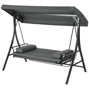 3 Person Porch Swing Bed, Outdoor Patio Swing Chair Bench Hammock with Adjustable Canopy, Cushions, Pillows for Porch and Backyard, Dark Grey