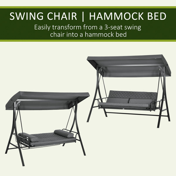 3 Person Porch Swing Bed, Outdoor Patio Swing Chair Bench Hammock with Adjustable Canopy, Cushions, Pillows for Porch and Backyard, Dark Grey