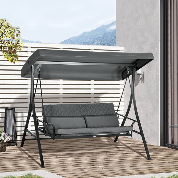3 Person Porch Swing Bed, Outdoor Patio Swing Chair Bench Hammock with Adjustable Canopy, Cushions, Pillows for Porch and Backyard, Dark Grey