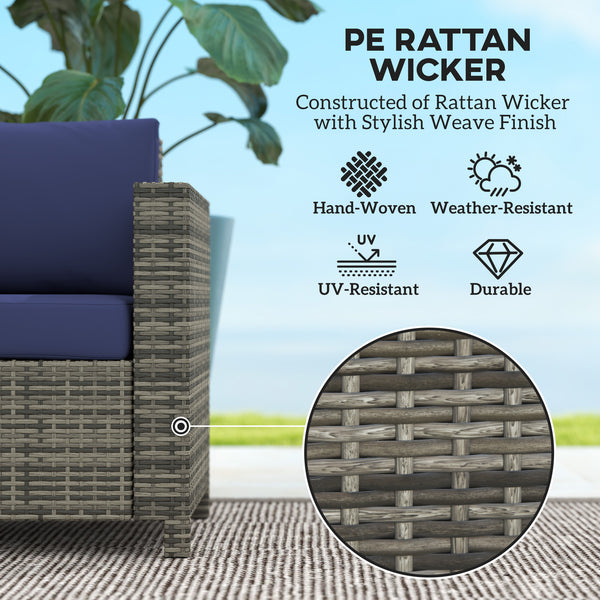 2 Seat Patio Loveseat Deluxe Wicker Sofa Chair Outdoor Rattan Furniture Couch All Weather with Cushion for Balcony, Deck, Garden and Poolside, Dark Blue