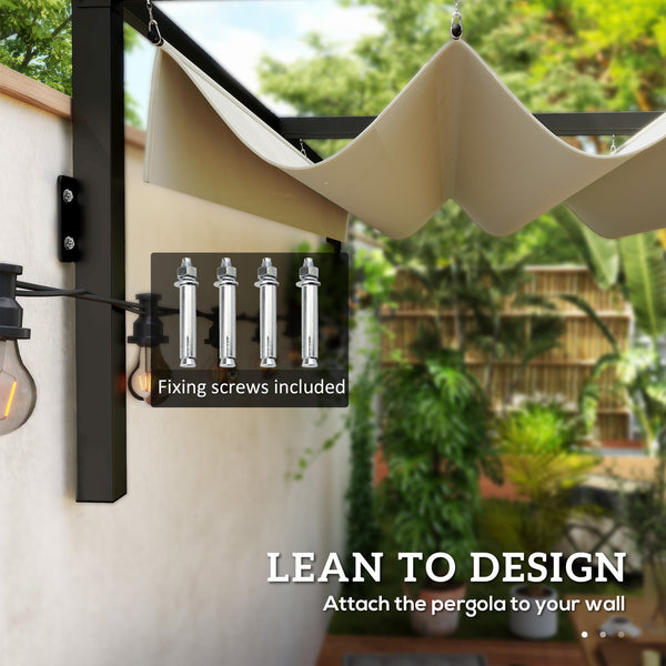 2 x 3(m) Lean To Pergola with Retractable Roof, Wall Mounted Garden Gazebo Outdoor Sun Shade Shelter for Patio, Khaki
