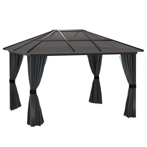 3 x 3.6m Hardtop Gazebo Canopy with Polycarbonate Roof, Aluminium Frame, Permanent Pavilion Garden Gazebo with Netting and Curtains for Patio, Deck, Dark Grey