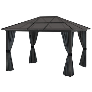 3 x 3.6m Hardtop Gazebo Canopy with Polycarbonate Roof, Aluminium Frame, Permanent Pavilion Garden Gazebo with Netting and Curtains for Patio, Deck, Dark Grey