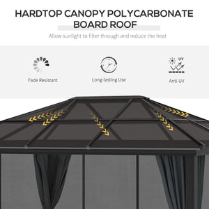 3 x 3.6m Hardtop Gazebo Canopy with Polycarbonate Roof, Aluminium Frame, Permanent Pavilion Garden Gazebo with Netting and Curtains for Patio, Deck, Dark Grey