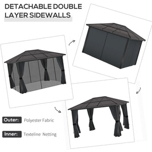 3 x 3.6m Hardtop Gazebo Canopy with Polycarbonate Roof, Aluminium Frame, Permanent Pavilion Garden Gazebo with Netting and Curtains for Patio, Deck, Dark Grey