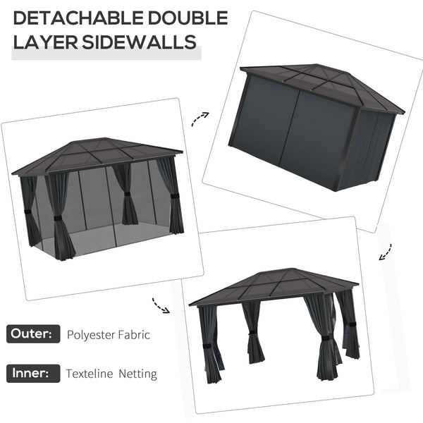 3 x 3.6m Hardtop Gazebo Canopy with Polycarbonate Roof, Aluminium Frame, Permanent Pavilion Garden Gazebo with Netting and Curtains for Patio, Deck, Dark Grey