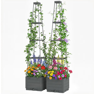 2 Pack Raised Garden Bed with Trellis, Plastic Outdoor Planter Box with Removable Drainage Tray, Tomato Cage for Climbing Plants, Vegetables, Flowers, 28 x 28 x 140 cm