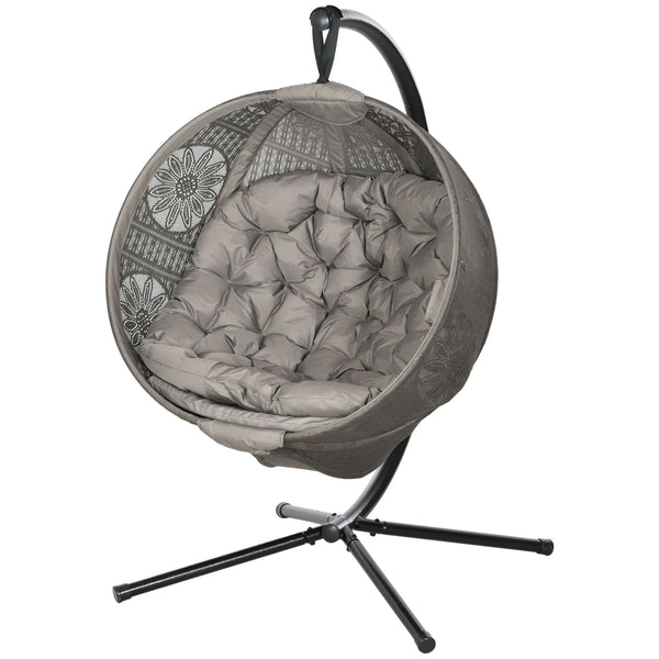 Outdoor Hanging Chair, Swing Chair with Metal Stand, Thick Padded Cushion, Foldable Basket and Side Pocket, for Indoor and Outdoor, Sand