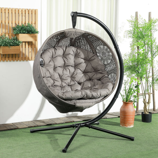 Outdoor Hanging Chair, Swing Chair with Metal Stand, Thick Padded Cushion, Foldable Basket and Side Pocket, for Indoor and Outdoor, Sand