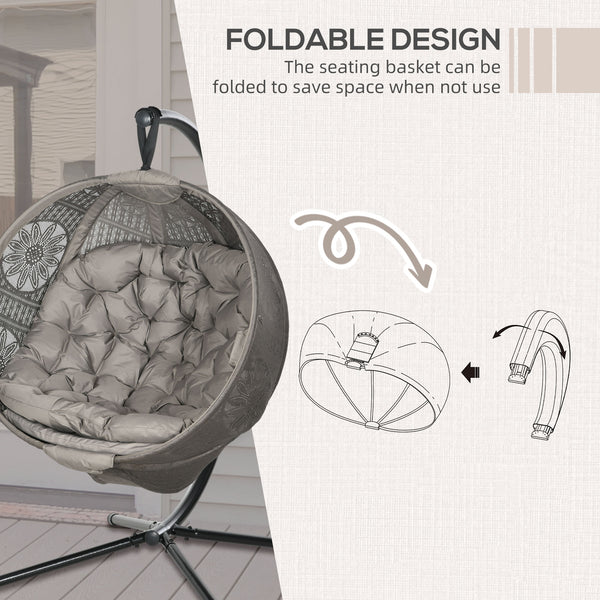 Outdoor Hanging Chair, Swing Chair with Metal Stand, Thick Padded Cushion, Foldable Basket and Side Pocket, for Indoor and Outdoor, Sand