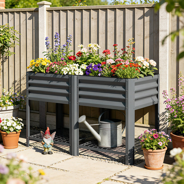 Galvanized Steel Raised Garden Bed, Elevated Planter Box with Legs and Storage Shelf, Raised Planter for Vegetables, Flowers, Herbs, for Outdoor, Patio, Yard, Dark Grey