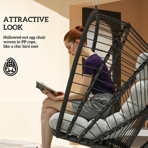 Outdoor PE Rattan Swing Chair with Cushion, Garden Foldable Basket Patio Hanging Egg Chair with Metal Stand, Headrest, for Indoor and Outdoor, Black