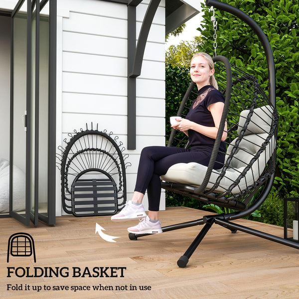 Outdoor PE Rattan Swing Chair with Cushion, Garden Foldable Basket Patio Hanging Egg Chair with Metal Stand, Headrest, for Indoor and Outdoor, Black
