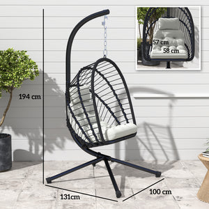 Outdoor PE Rattan Swing Chair with Cushion, Garden Foldable Basket Patio Hanging Egg Chair with Metal Stand, Headrest, for Indoor and Outdoor, Black