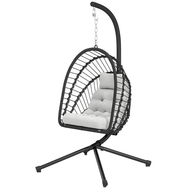 Outdoor PE Rattan Swing Chair with Cushion, Garden Foldable Basket Patio Hanging Egg Chair with Metal Stand, Headrest, for Indoor and Outdoor, Black